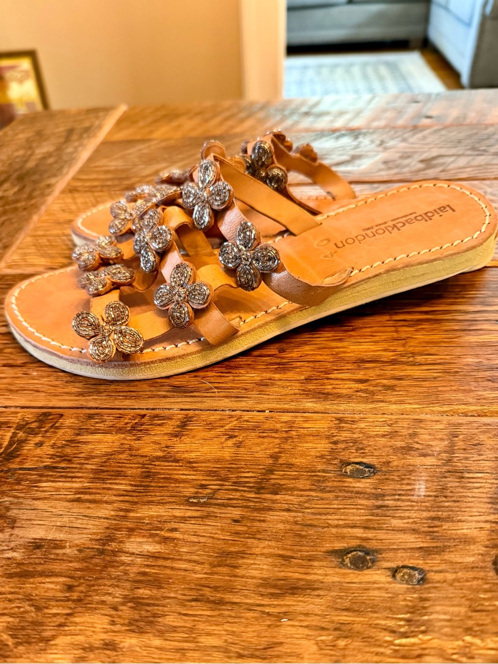 Anthropologie Tan Leather Floral-Beaded Slide Sandals - Picture 4 of 8